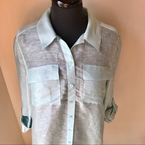 Linen Silk Tunic Top Light Blue Blouse Long Sleeve Button Up Shirt Vacation - Picture 3 of 10